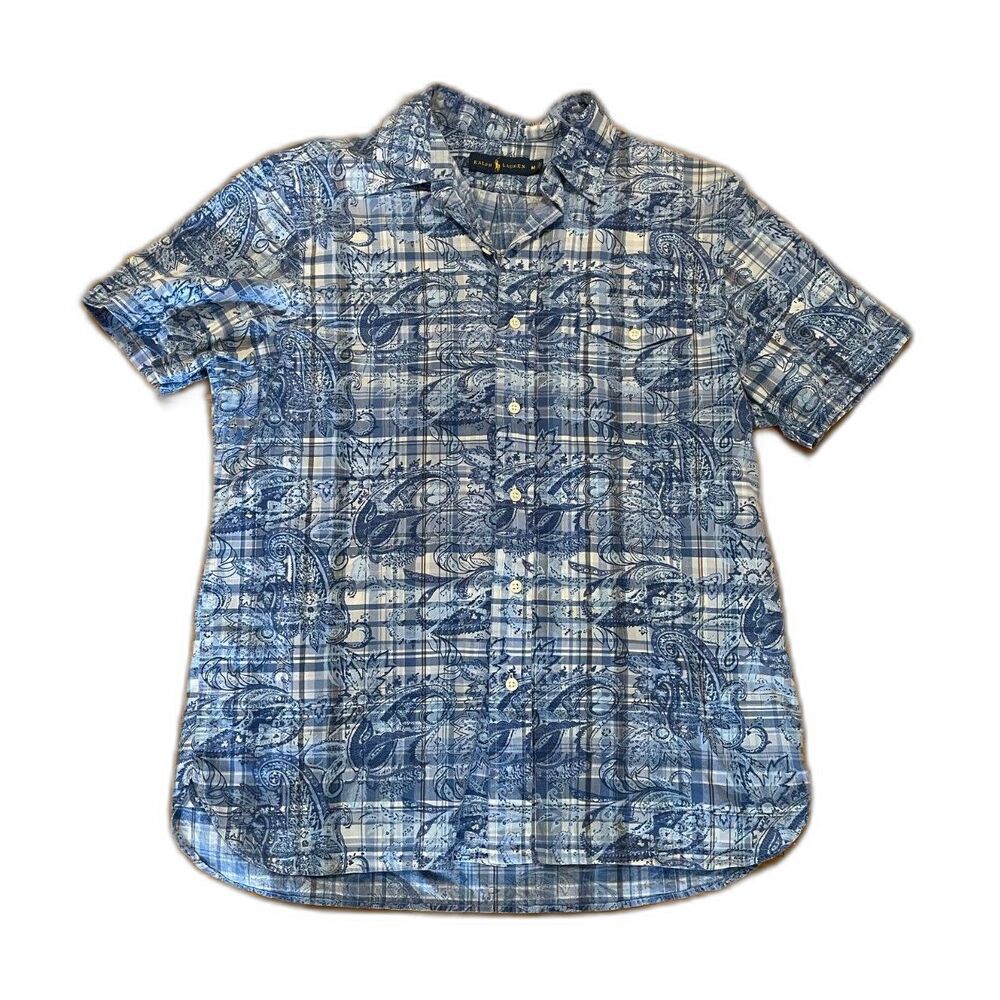 Polo Ralph Lauren Men's Button-Up Shirt Medium Blue Paisley Plaid Short Sleeve